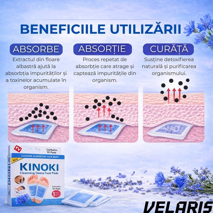 Set 10 Plasturi Plasturi Detox KINOKI pentru Picioare cu floare albastra, Detoxifiere Naturala, Eliminare Toxine, Reducere Miros Neplacut, Imbunatatire Somn, Relaxare si Revitalizare