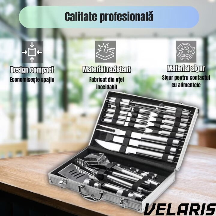 Set 10 ustensile pentru gratar din otel inoxidabil premium, geanta transport aluminiu captusita, accesorii pentru un gratar reusit