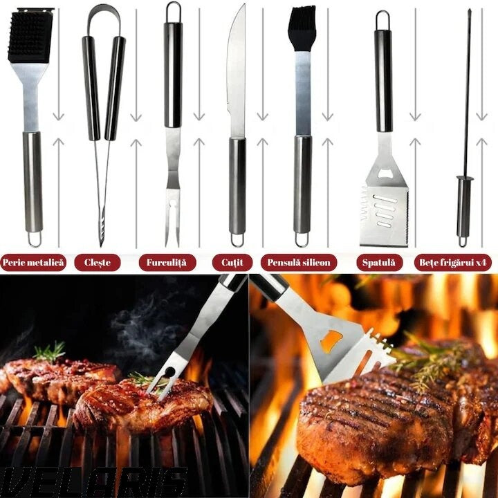Set 10 ustensile pentru gratar din otel inoxidabil premium, geanta transport aluminiu captusita, accesorii pentru un gratar reusit