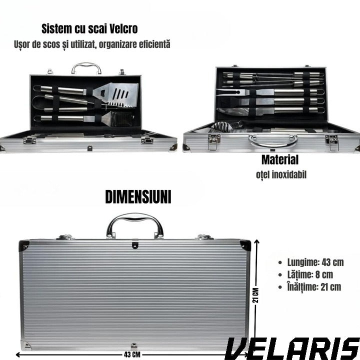 Set 10 ustensile pentru gratar din otel inoxidabil premium, geanta transport aluminiu captusita, accesorii pentru un gratar reusit