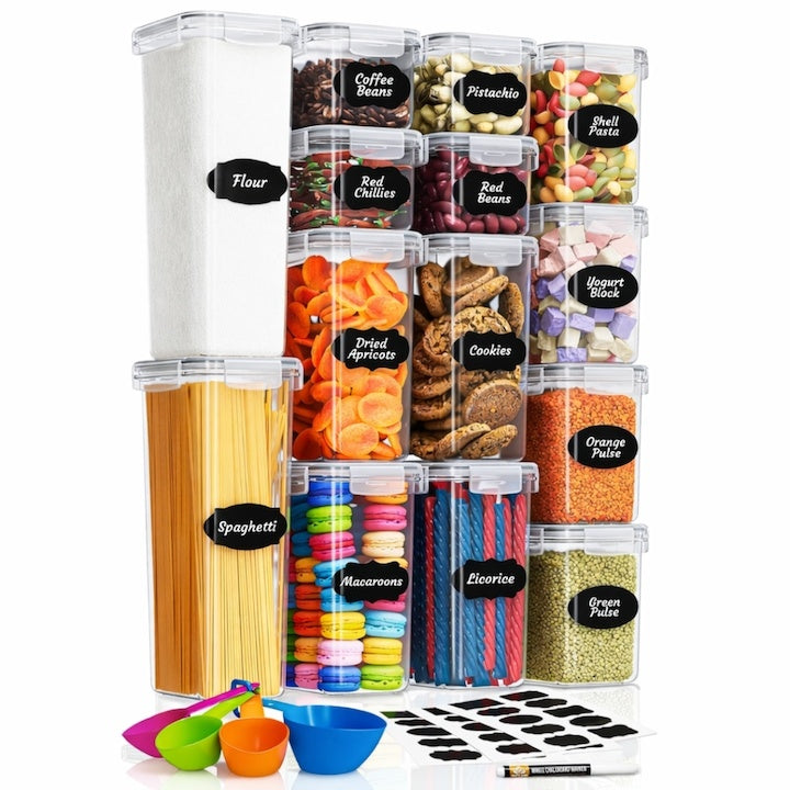 Set 14 recipiente etanșe pentru depozitare alimente, design minimalist, fără BPA, stivuibile, cu etichete și linguri inc