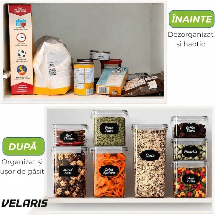 Set 14 recipiente etanșe pentru depozitare alimente, design minimalist, fără BPA, stivuibile, cu etichete și linguri inc