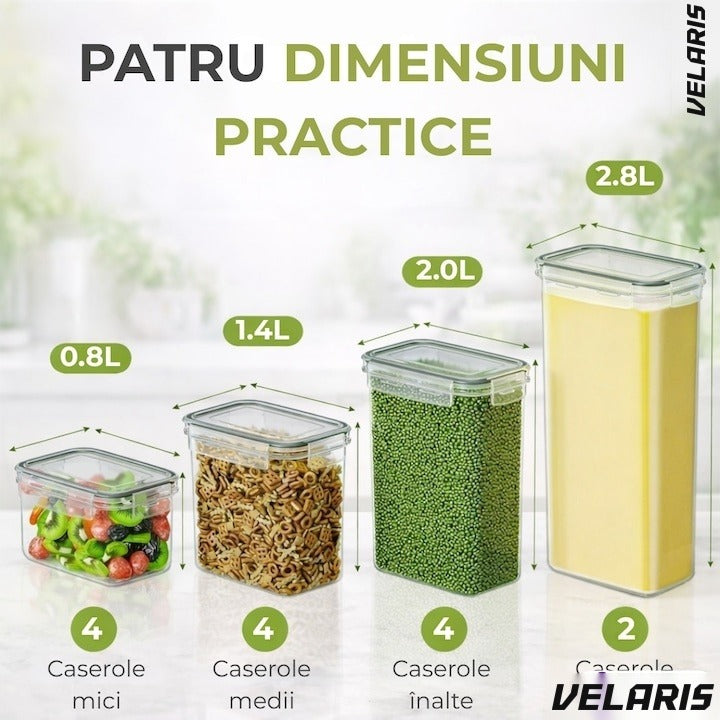 Set 14 recipiente etanșe pentru depozitare alimente, design minimalist, fără BPA, stivuibile, cu etichete și linguri inc