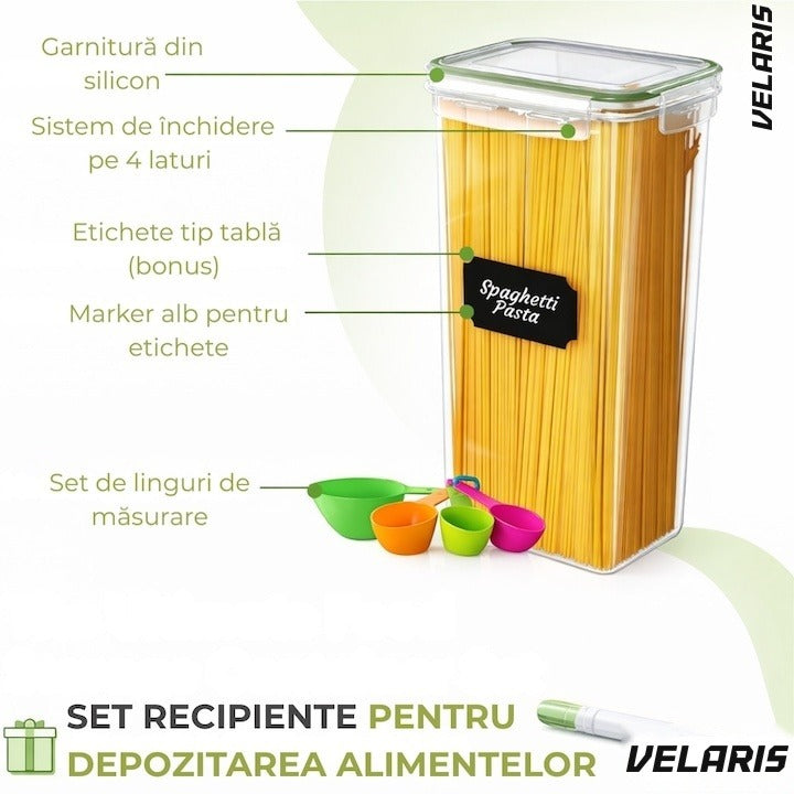 Set 14 recipiente etanșe pentru depozitare alimente, design minimalist, fără BPA, stivuibile, cu etichete și linguri inc