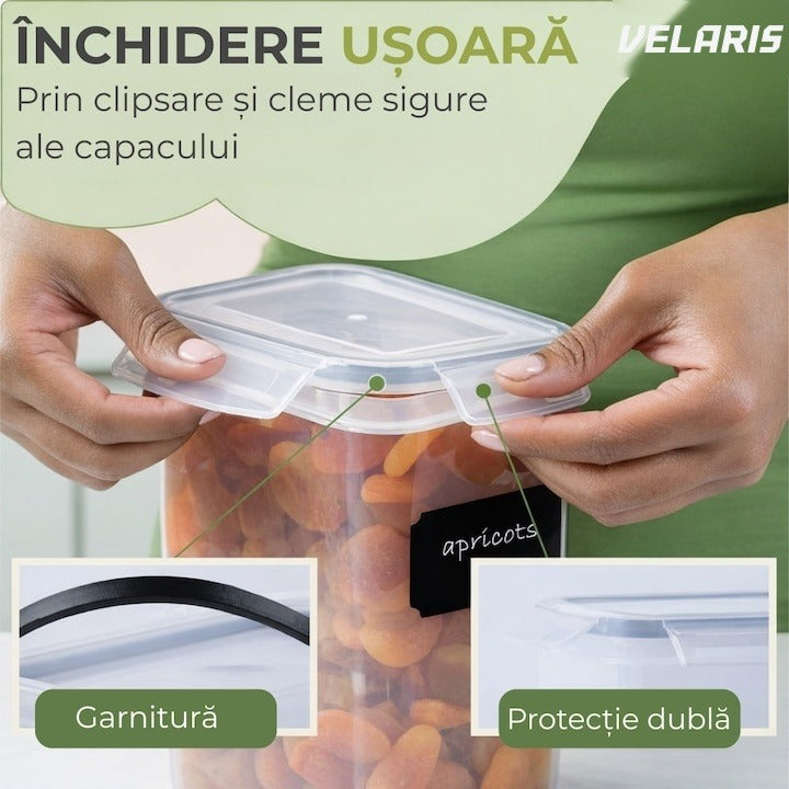 Set 14 recipiente etanșe pentru depozitare alimente, design minimalist, fără BPA, stivuibile, cu etichete și linguri inc