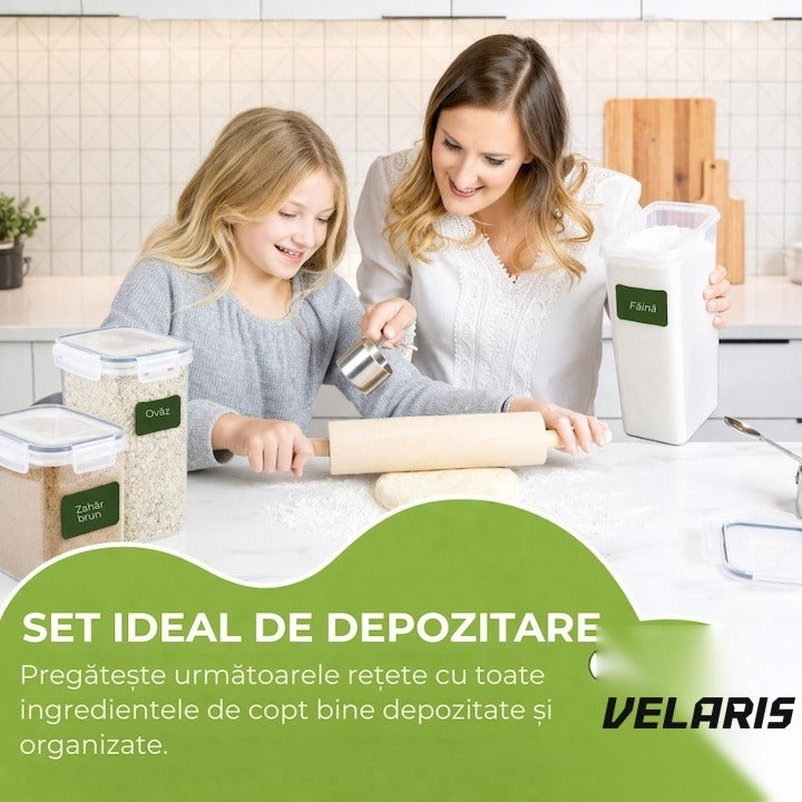 Set 14 recipiente etanșe pentru depozitare alimente, design minimalist, fără BPA, stivuibile, cu etichete și linguri inc