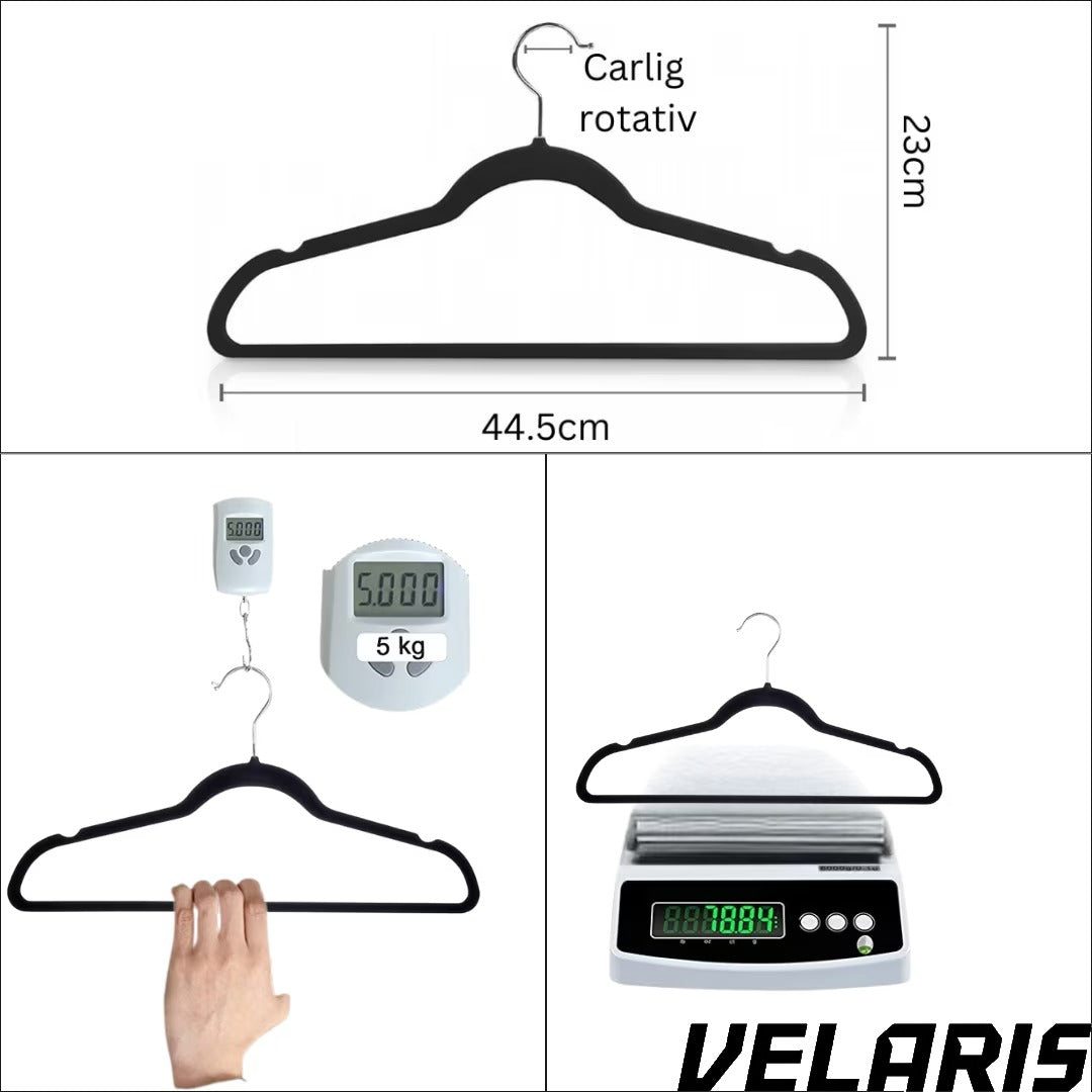 Set 16 Umerase Catifea Antialunecare, Slim, cu Bara pentru Pantaloni si Scobituri, Carlig 360°, 44.5x23 cm, Gri/Negru