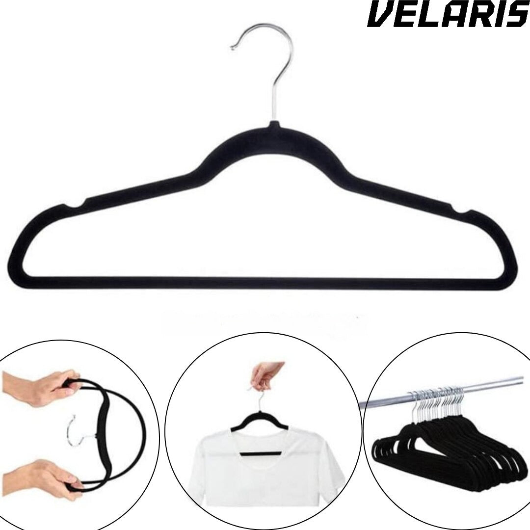 Set 16 Umerase Catifea Antialunecare, Slim, cu Bara pentru Pantaloni si Scobituri, Carlig 360°, 44.5x23 cm, Gri/Negru