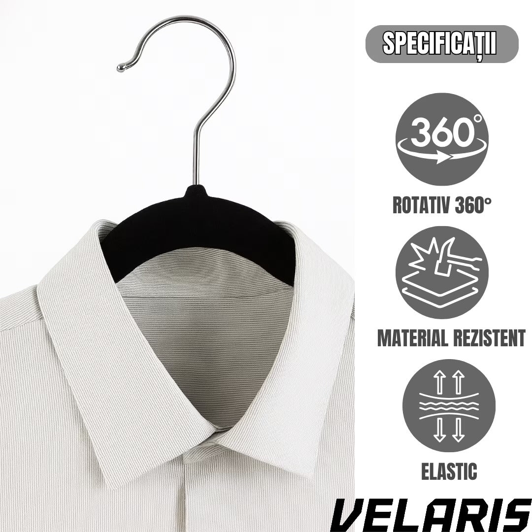 Set 16 Umerase Catifea Antialunecare, Slim, cu Bara pentru Pantaloni si Scobituri, Carlig 360°, 44.5x23 cm, Gri/Negru