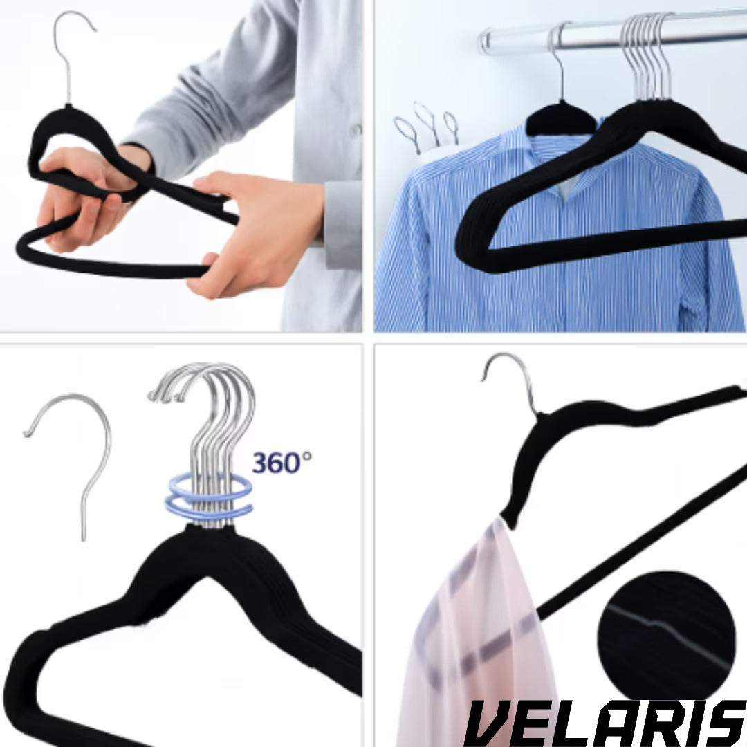 Set 16 Umerase Catifea Antialunecare, Slim, cu Bara pentru Pantaloni si Scobituri, Carlig 360°, 44.5x23 cm, Gri/Negru