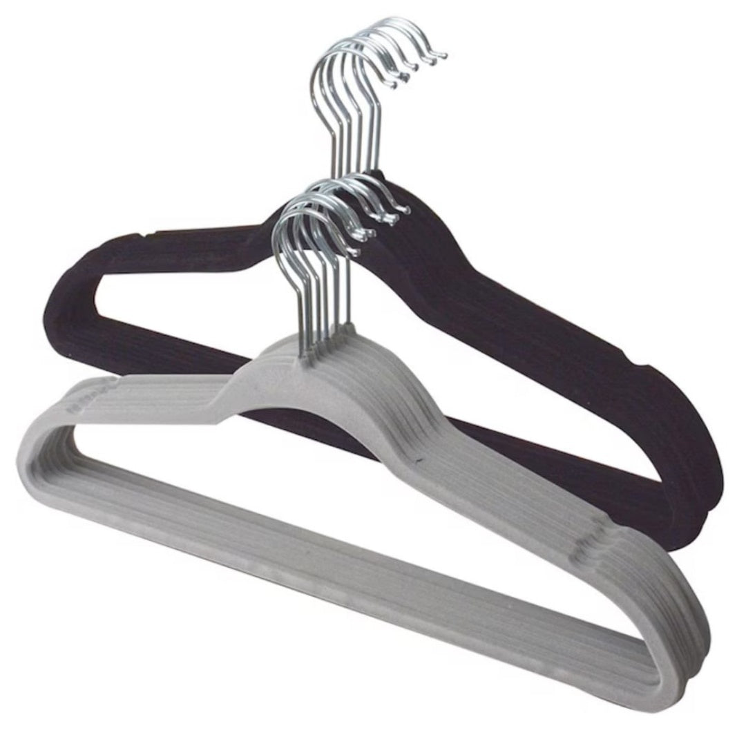 Set 16 umerașe de catifea antiderapante, slim, cu bară pantaloni și crestături, cârlig 360°, 44,5x23 cm, gri/negru
