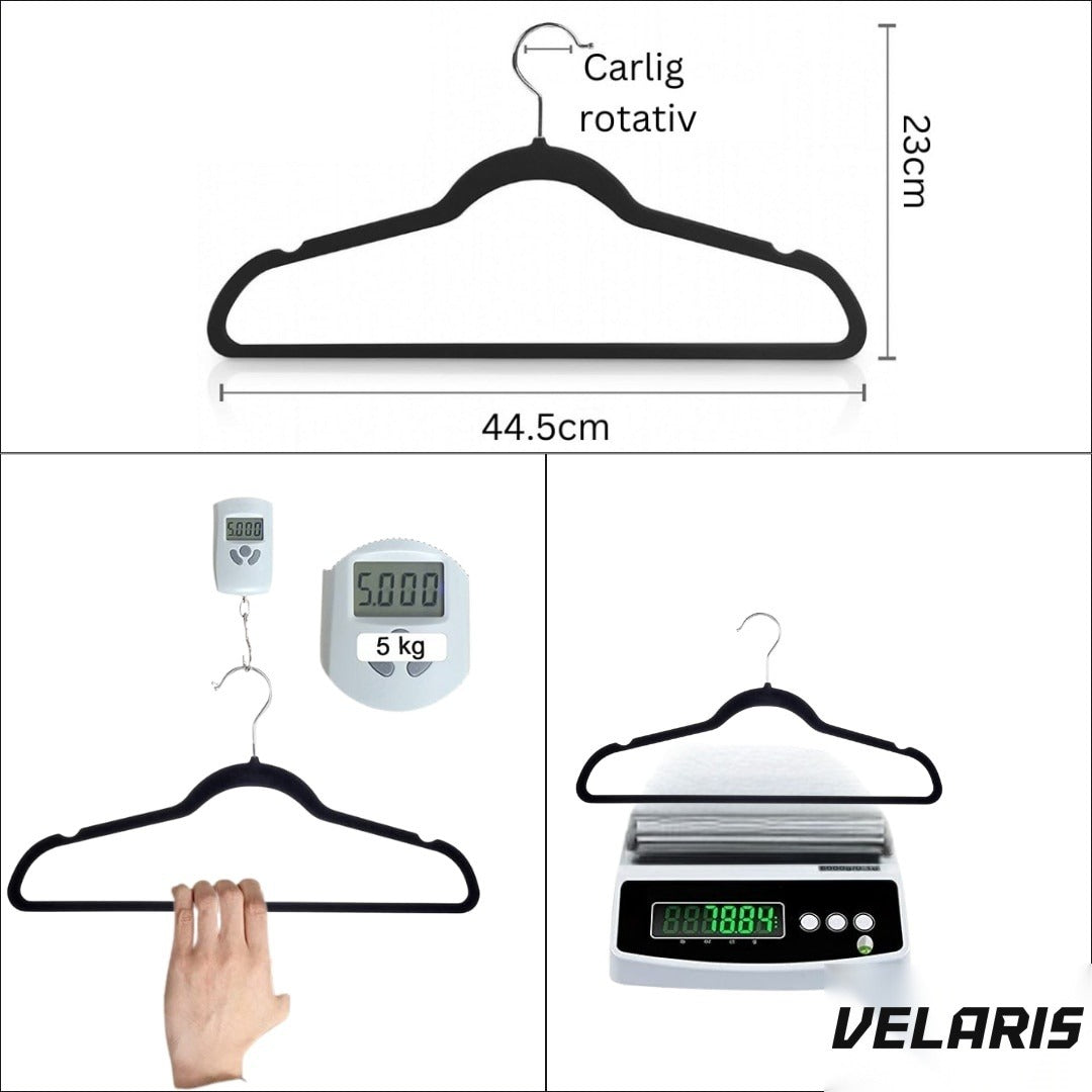 Set 16 umerașe de catifea antiderapante, slim, cu bară pantaloni și crestături, cârlig 360°, 44,5x23 cm, gri/negru