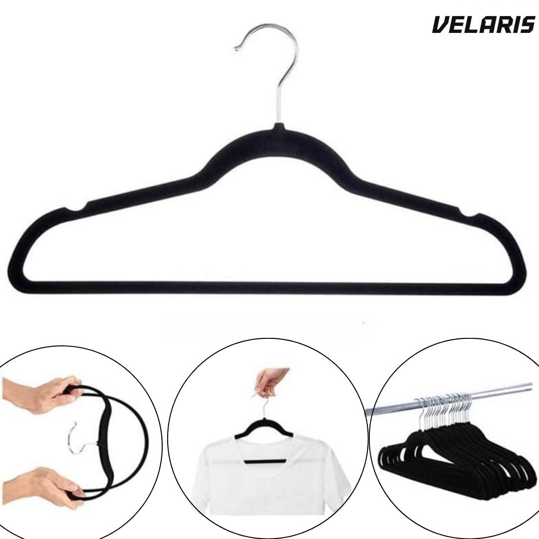 Set 16 umerașe de catifea antiderapante, slim, cu bară pantaloni și crestături, cârlig 360°, 44,5x23 cm, gri/negru