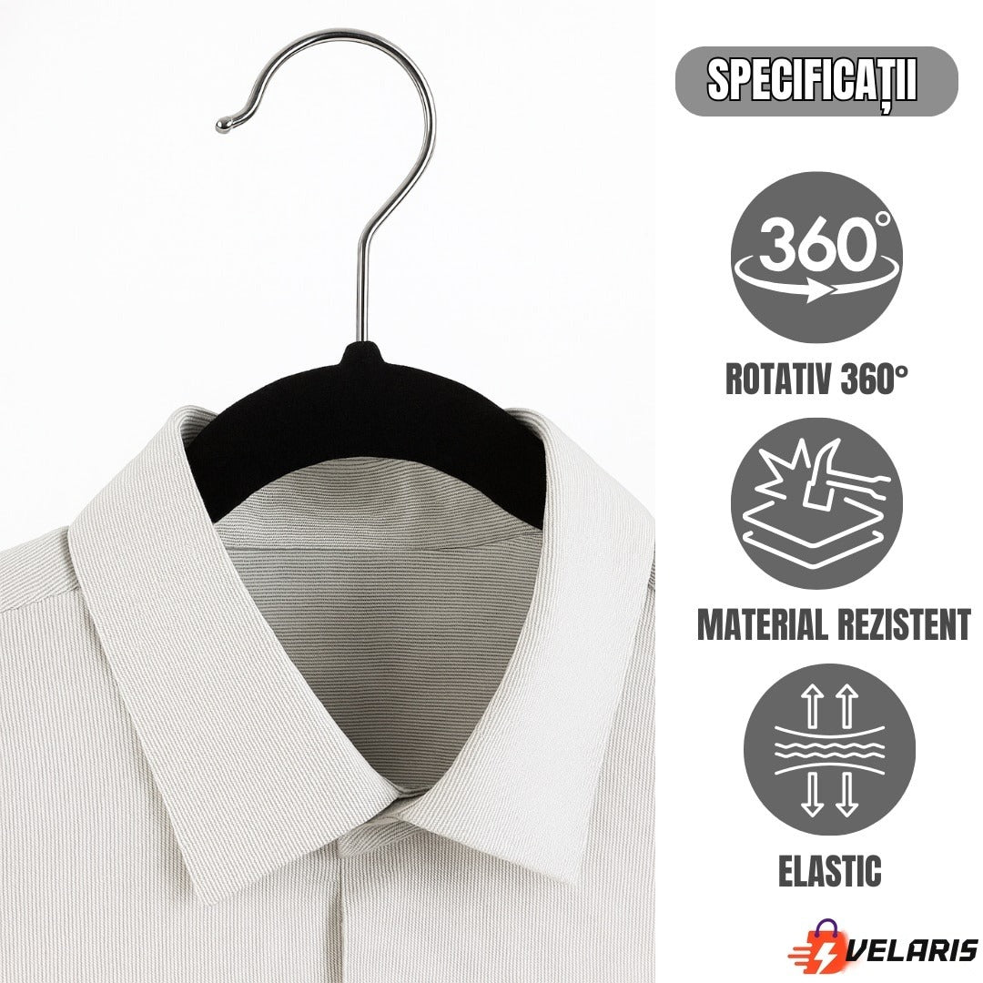 Set 16 umerașe de catifea antiderapante, slim, cu bară pantaloni și crestături, cârlig 360°, 44,5x23 cm, gri/negru