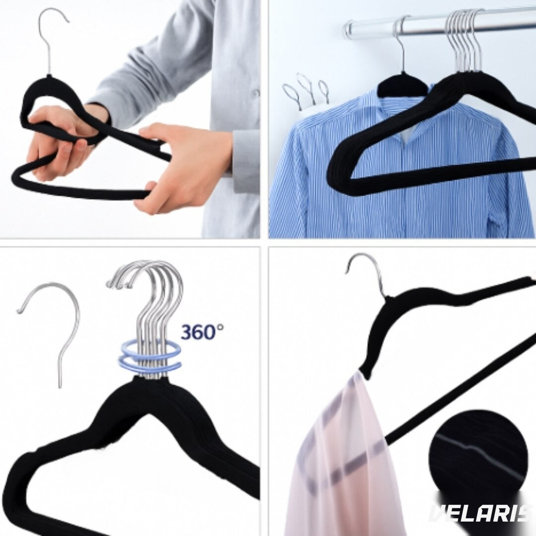 Set 16 umerașe de catifea antiderapante, slim, cu bară pantaloni și crestături, cârlig 360°, 44,5x23 cm, gri/negru
