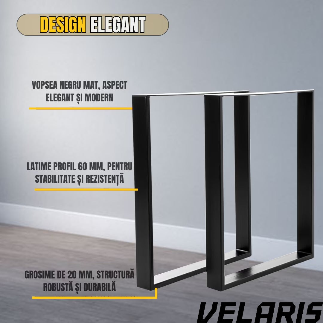 Set 2 Picioare Masa, Profil Lat 80 mm, Metal Negru Mat, Vopsire in Camp Electrostatic, Dimensiuni 72x60x8 cm, Design Industrial Modern