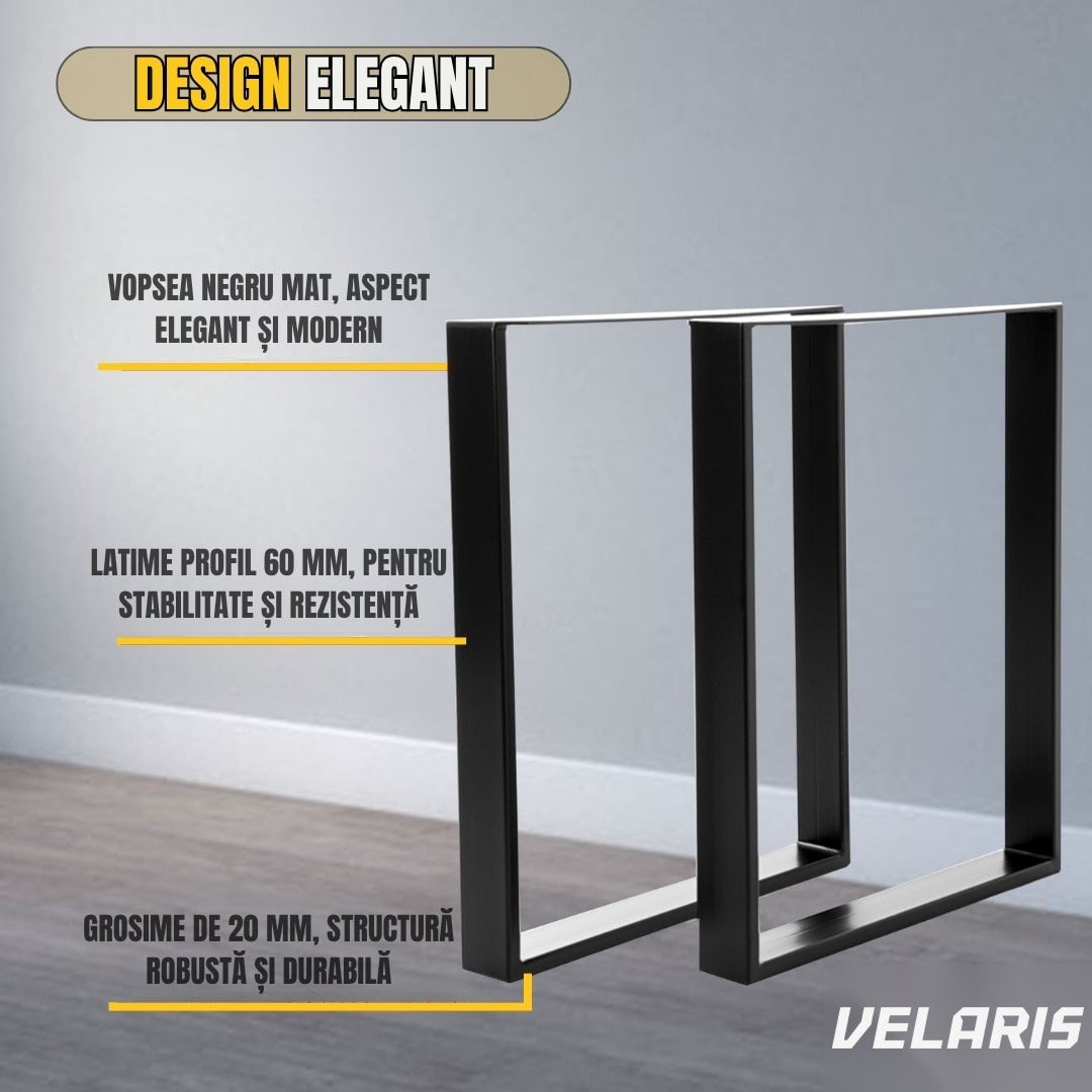 Set 2 picioare masă, profil plat 80 mm, metal negru mat, design industrial, 72x60x8 cm