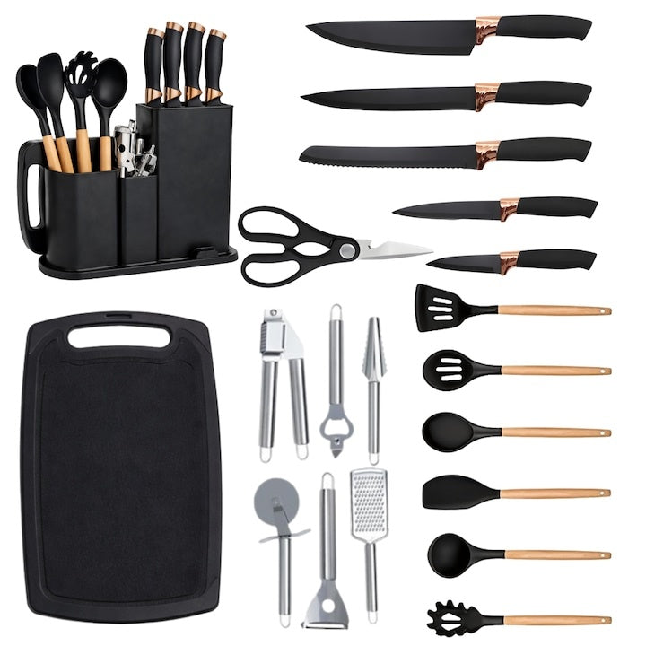 Set 20 piese ustensile de bucătărie cu suport, cuțite, siliconic și tocător, negru