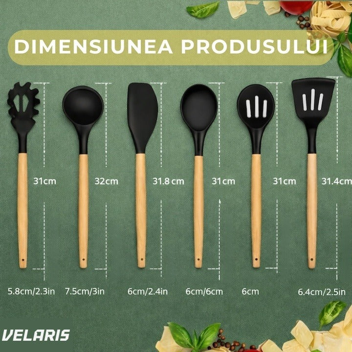 Set 20 piese ustensile de bucătărie cu suport, cuțite, siliconic și tocător, negru