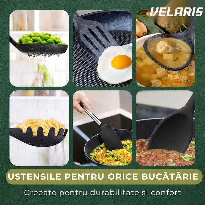 Set 20 piese ustensile de bucătărie cu suport, cuțite, siliconic și tocător, negru