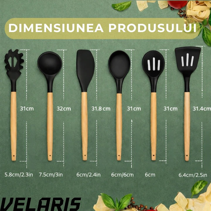 Set 20 Piese Utensile de Bucatarie si Cutite cu Suport, Taietor, Ustensile de Silicona, Cutite, Tablita de Taiat si Accesorii pentru Gati