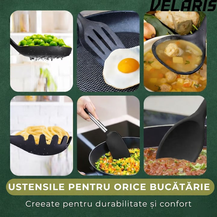 Set 20 Piese Utensile de Bucatarie si Cutite cu Suport, Taietor, Ustensile de Silicona, Cutite, Tablita de Taiat si Accesorii pentru Gati
