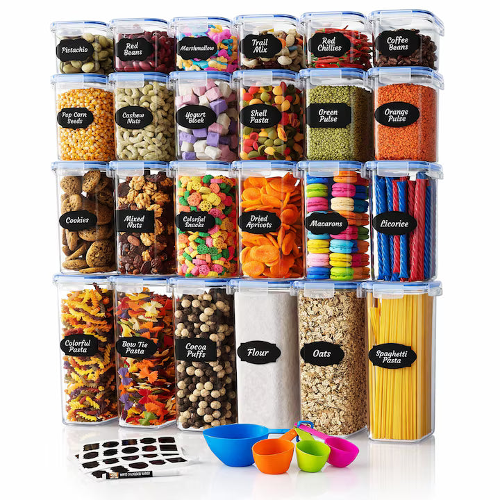 Set 24 recipiente etanșe pentru depozitare alimente, design minimalist, fără BPA, stivuibile, cu etichete și linguri inc