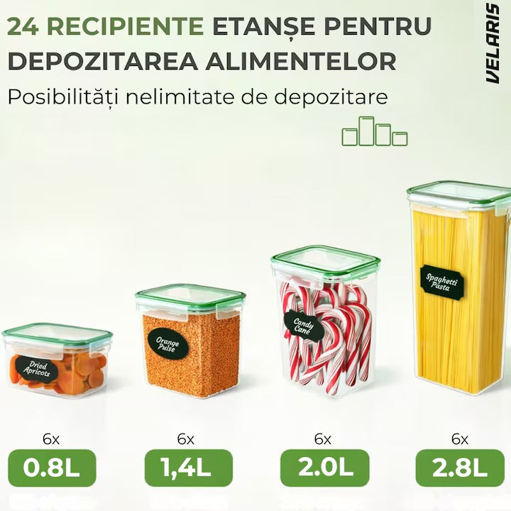 Set 24 recipiente etanșe pentru depozitare alimente, design minimalist, fără BPA, stivuibile, cu etichete și linguri inc