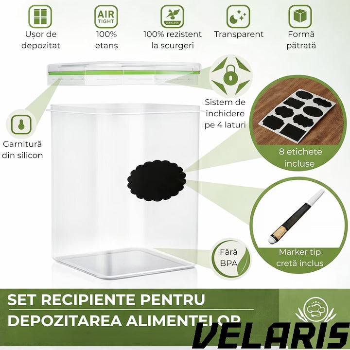 Set 24 recipiente etanșe pentru depozitare alimente, design minimalist, fără BPA, stivuibile, cu etichete și linguri inc