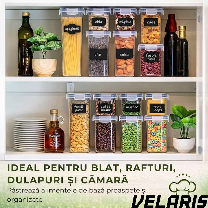 Set 24 recipiente etanșe pentru depozitare alimente, design minimalist, fără BPA, stivuibile, cu etichete și linguri inc