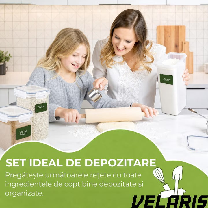 Set 24 recipiente etanșe pentru depozitare alimente, design minimalist, fără BPA, stivuibile, cu etichete și linguri inc