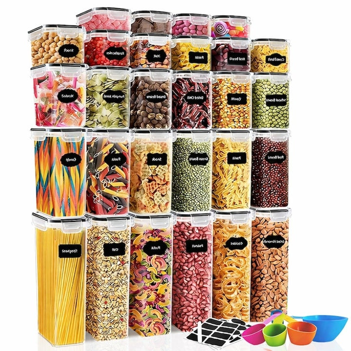 Set 28 recipiente etanșe pentru depozitare alimente, design minimalist, fără BPA, stivuibile, cu etichete și linguri inc