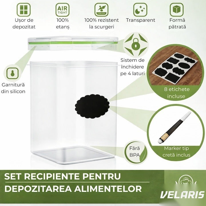 Set 28 recipiente etanșe pentru depozitare alimente, design minimalist, fără BPA, stivuibile, cu etichete și linguri inc