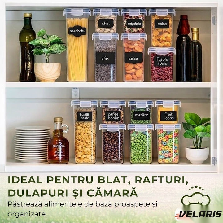 Set 28 recipiente etanșe pentru depozitare alimente, design minimalist, fără BPA, stivuibile, cu etichete și linguri inc