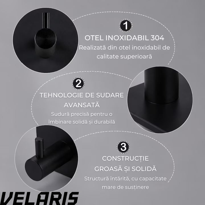 Set 4 cuiere de perete din otel inoxidabil, montaj fara gaurire, negre, rezistente la umiditate, pentru baie si hol