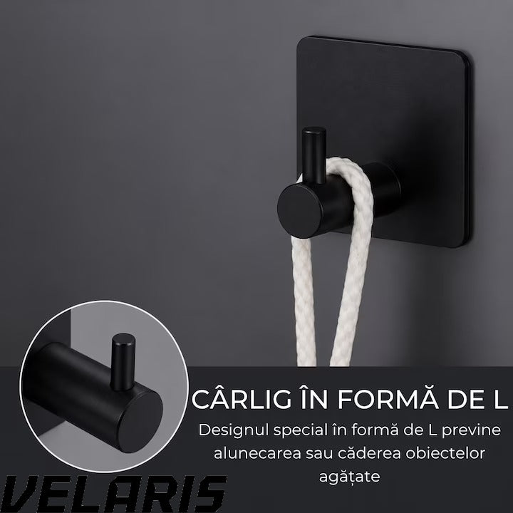 Set 4 cuiere de perete din otel inoxidabil, montaj fara gaurire, negre, rezistente la umiditate, pentru baie si hol