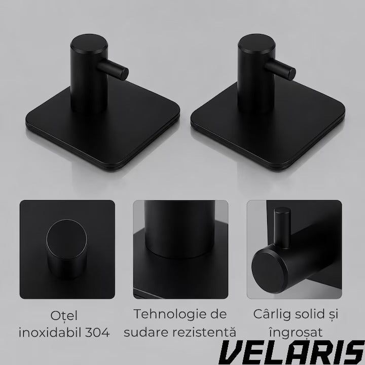 Set 4 cuiere de perete din otel inoxidabil, montaj fara gaurire, negre, rezistente la umiditate, pentru baie si hol
