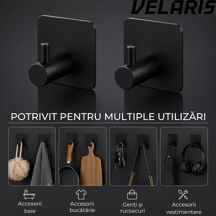 Set 4 cuiere de perete din otel inoxidabil, montaj fara gaurire, negre, rezistente la umiditate, pentru baie si hol