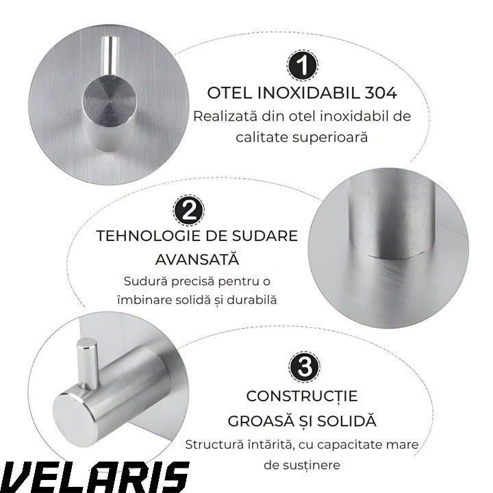Set 4 cuiere de perete din otel inoxidabil, montaj fara gaurire, 4 argintii, rezistente la umiditate, pentru baie si hol