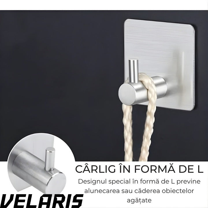 Set 4 cuiere de perete din otel inoxidabil, montaj fara gaurire, 4 argintii, rezistente la umiditate, pentru baie si hol