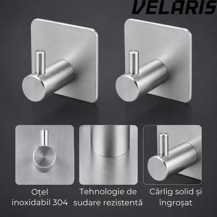 Set 4 cuiere de perete din otel inoxidabil, montaj fara gaurire, 4 argintii, rezistente la umiditate, pentru baie si hol