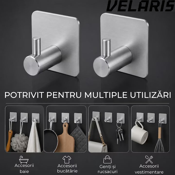 Set 4 cuiere de perete din otel inoxidabil, montaj fara gaurire, 4 argintii, rezistente la umiditate, pentru baie si hol
