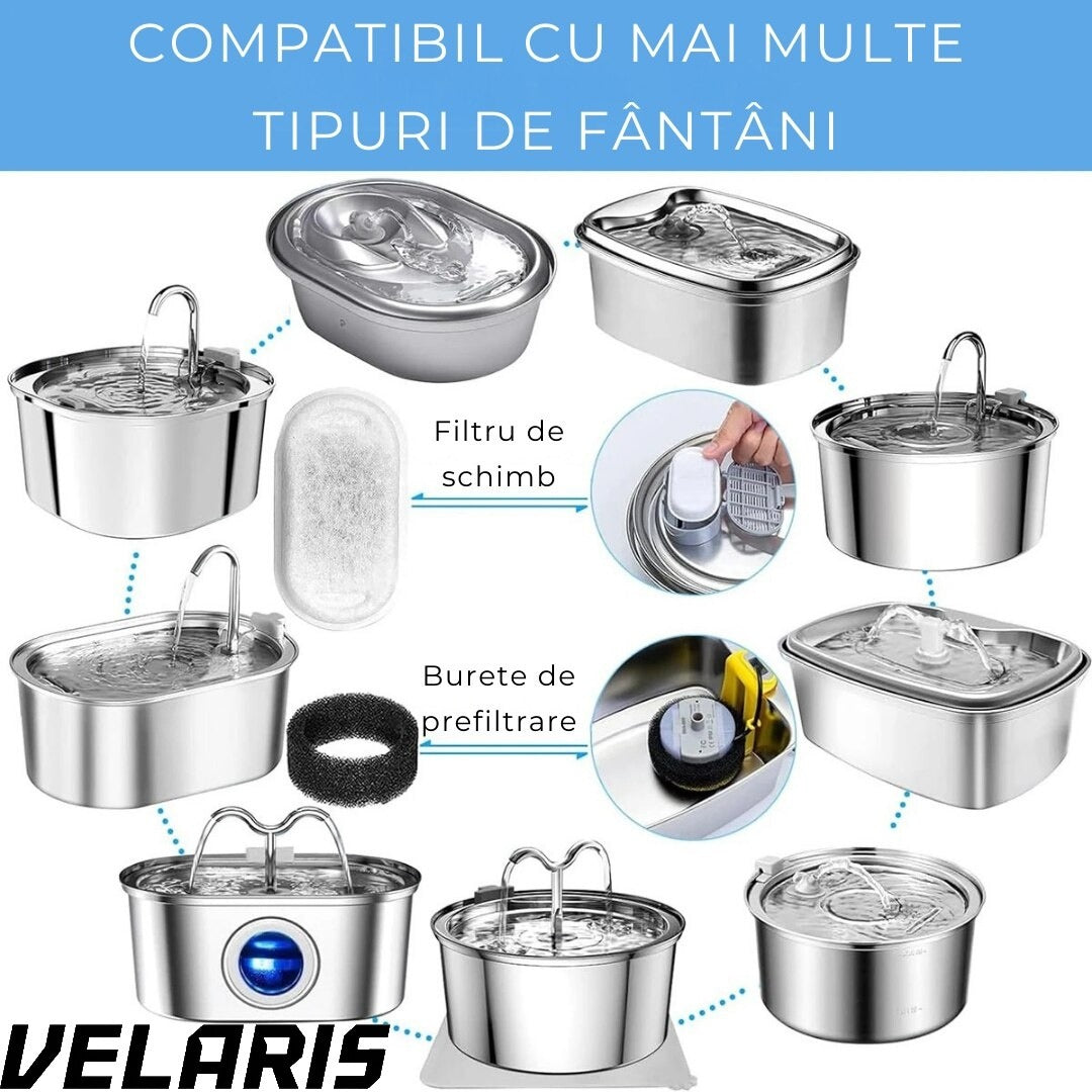 Set 4 filtre pentru dispenser de apa automat, design oval, elimina mirosurile si gusturile neplacute, filtrare eficienta pentru caini si pisici, bumbac de calitate
