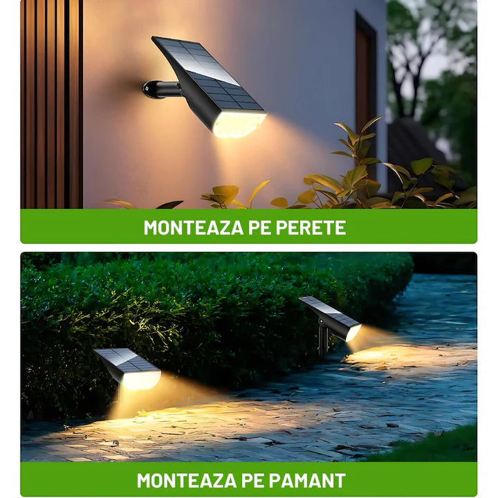 Set 4 lampi solare cu senzor mișcare, 3 moduri LED IP65, alb cald, gard, negru