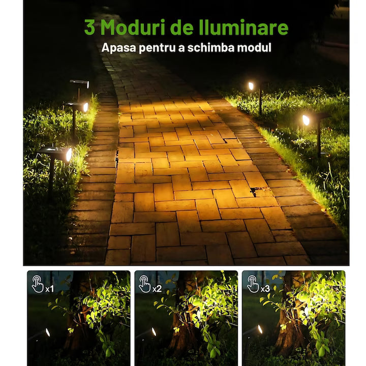 Set 4 lampi solare cu senzor mișcare, 3 moduri LED IP65, alb cald, gard, negru