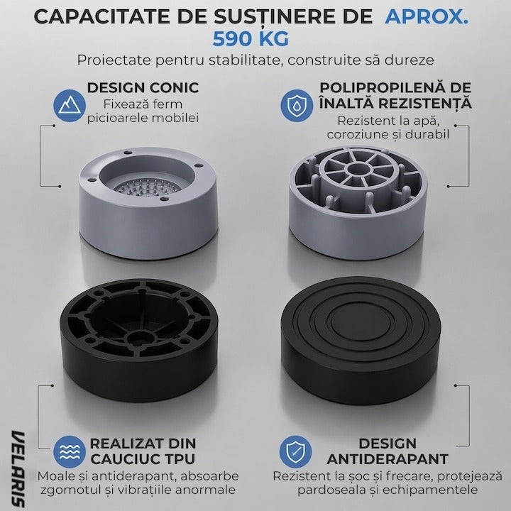 Set 4 suporturi antivibratii din plastic pentru mașina de spălat, gri