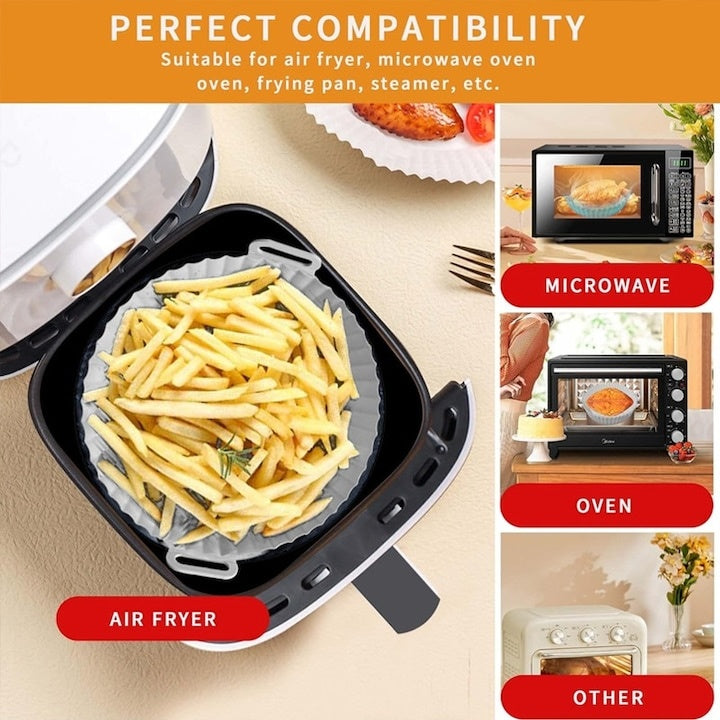 Set 4 tăvi Silicon pentru Airfryer, Reutilizabile, Multicolor, 20x17x5cm