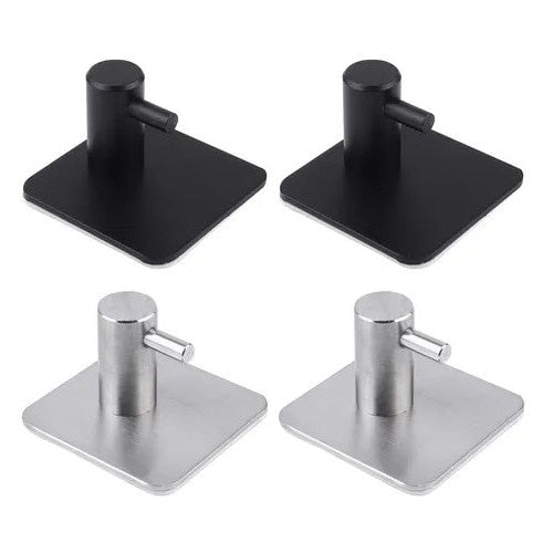 Set 4 cârlige perete oțel inoxidabil, fără găurire, 2 negre + 2 argintii