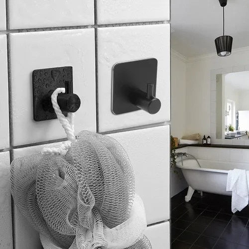 Set 4 cârlige perete oțel inoxidabil, fără găurire, 2 negre + 2 argintii