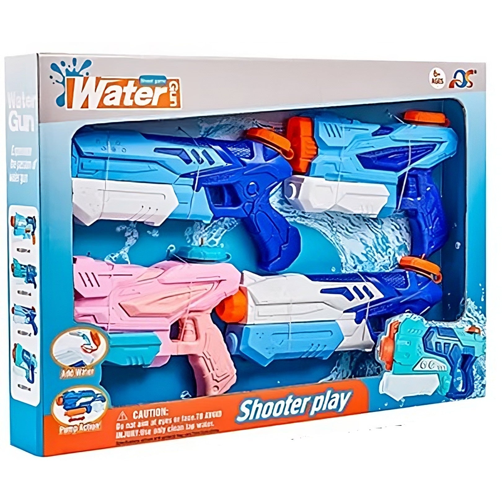 Set 4 Pistoale cu Apă pentru Copii, 2 x 300 ml + 2 x 550 ml, plastic rezistent, albastru/alb, 6+ ani